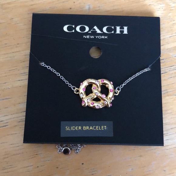 Coach Silver Tone Slider Bracelet Gold Tone Pretzel Charm Crystal Accent NWT - Picture 4 of 14